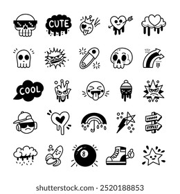 Cool sticker doodle set, trendy and fun icons, black and white clipart elements for graffiti street art, illustration.