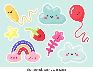 Colección de paquetes de emoticones de moda kawaii vectoriales. Juego de parches adorables con nubes de bebé, globos, arco iris, fresa y otros íconos de dibujos animados. Insignias retro para niños, decoración, textiles, impresión