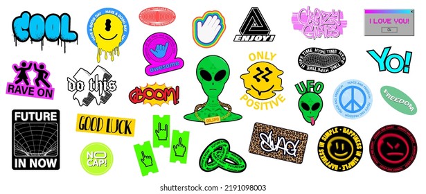 Cool sticker pack. Collection Trendy Badges with lettering and calligraphy, abstract shapes, hand gestures, graffiti and tags. Sticker pack for typography, prints. Colorful trendy design. Vector set