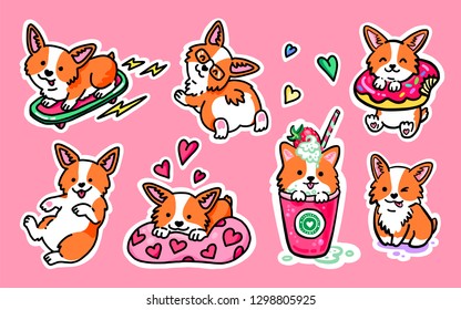 Cool sticker pack. Corgi skater, Corgi in love and cute puppies. Cocktail with corgi. Cute puppy with donut. Big set of funny stickers with corgi. Great for greeting cards, Valentine's Day and more.