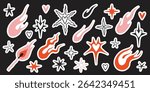 Cool sticker pack with fire, stars, heart, flames and match in y2k aesthetic, vintage, old school tattoo neo tribal style. Die cut with white outline. Trendy modern flat vector illustration