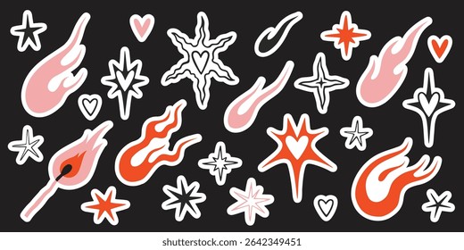 Cool sticker pack with fire, stars, heart, flames and match in y2k aesthetic, vintage, old school tattoo neo tribal style. Die cut with white outline. Trendy modern flat vector illustration