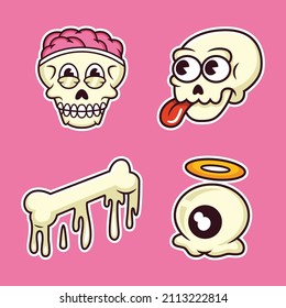 Cool sticker pack of funny cartoon doodle. Vector illustration of skull face, bone and eye. Isolated on premium vector