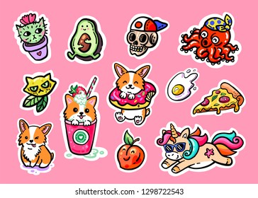 Cool sticker pak. Cute icons of corgi, unicorn, cat and others. Big set of funny stickers.