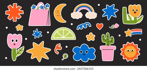 Cool Sticker set. Collection of trendy retro sticker cartoon shapes. Funny comic character art patch bundle. All elements are isolated.