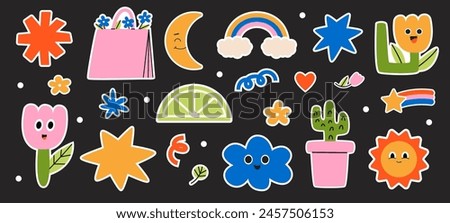 Cool Sticker set. Collection of trendy retro sticker cartoon shapes. Funny comic character art patch bundle. All elements are isolated.