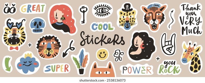 Cool stickers bundle. Trendy hand drawn cute art illustration. Cat, woman, girl, plant, giraffe abstract shape, blob, lettering quote and other doodle elements.