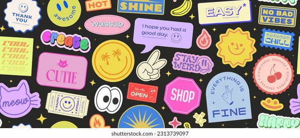 Cool Stickers Collage Y2K Seamless Pattern. Trendy patches background retro style. Pop Art Graphic Elements.