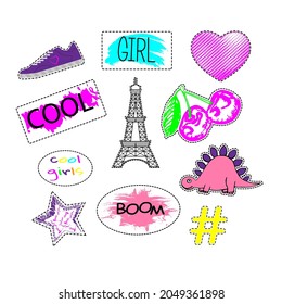 Cool stickers for girls with heart, cherry, dinosaur, eiffel tower, star and lettering.