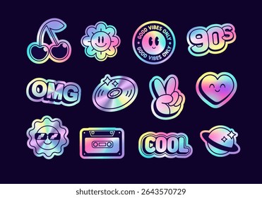 Cool Stickers pack in retro y2k lifestyle. Neon Holographic stickers in 90's aesthetics. Holographic cartoon stickers set of: emoticons, rainbow, 90s sign, cherry, omg sign.  Rainbow Patches set