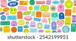 Cool Stickers Pop Art Collage Vector Design. Groovy Patches Pattern. Y2k Smile Badges.