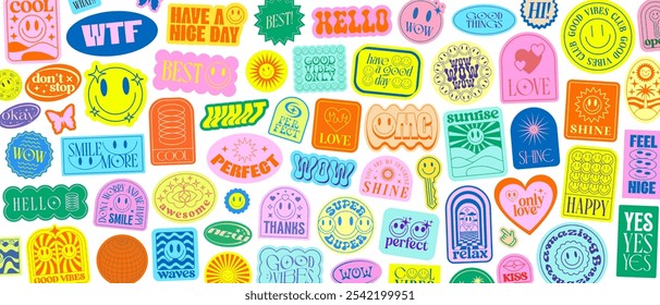 Cool Stickers Pop Art Collage Vector Design. Groovy Patches Pattern. Y2k Smile Badges.