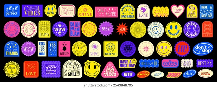 Cool Stickers Pop Art Collage Vector Design. Groovy Patches Pattern. Y2k Smile Badges.