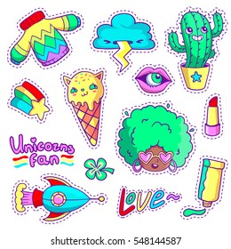 Cool stickers set in 80s-90s pop art style. Neon patch badges and pins with cartoon characters, food and things. Vector crazy doodles with african woman, strange cactus, ice cream cat etc. Part 7