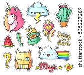 Cool stickers set in pop art comic style for girls. 90s patch badges and pins with cartoon animals, food, things and phrases. Vector chic doodle set with cute unicorn, magic wand, cactus etc. Part 6