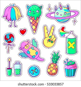 Cool stickers set in pop art comic style. Neon 90s patch badges and pins with cartoon animals, food, things. Vector crazy doodles with unicorn planet, flying otter, ice cream cat, cupcake etc. Part 5