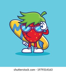 Cool Strawberry bring Surfboard Cartoon. Fruit Vector Icon Illustration, Isolated on Premium Vector