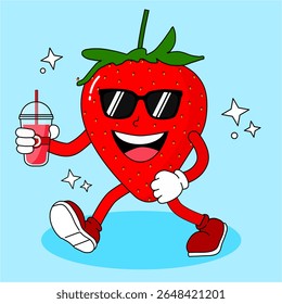 Cool Strawberry Cartoon Character Drinking Juice – Fun Summer Fruit Illustration