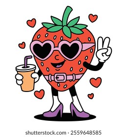 Cool Strawberry Character with Sunglasses and Drink