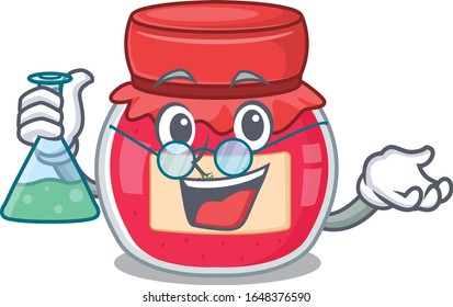 Cool strawberry jam Professor cartoon character with glass tube