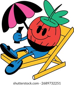 Cool strawberry mascot flat character enjoying beach fun