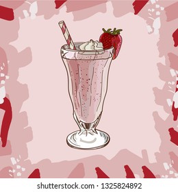 Cool Strawberry Milkshake in glass with with pink strawberry and ice cream isolated. Colorful vector illustration in sketch style. Hand drawn image for menu and poster design with fresh drink.