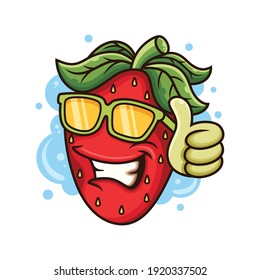 Cool Strawberry Vector Icon Illustration. Fruit Icon Concept with Glasses and Thumb Up Pose