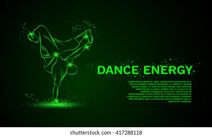 Cool street dancer making freeze. Break dance vector neon background with space for text.