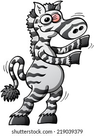 Cool stripped zebra with pointy ears, long tail and bulging eyes while smiling, winking, moving rhythmically and executing a dance step with great coordination and balance