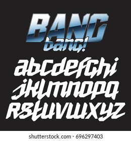 Cool strong futuristic alphabet lettering font - BANG bang! Good for bright captions and unforgettable logos.

