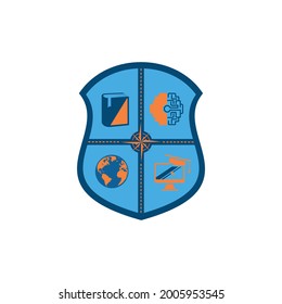 Cool and strong vector shield emblem logo in vintage style with book, brain, globe, computer symbols. Suitable for organizations, brands, educational emblems etc.