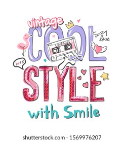 cool style slogan with sequins and cute icons illustration