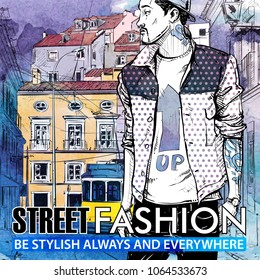 Cool stylish boy and old tram. Vector illustration.