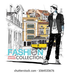 Cool stylish boy and old tram. Vector illustration.