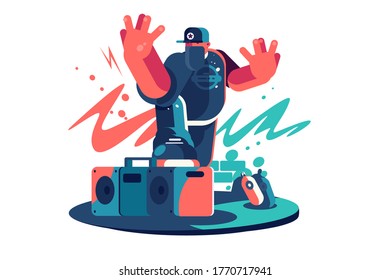 Cool stylish dude vector illustration. Brutal guy in cap dancing on stage. Music columns flat style design. Dancing and art concept. Isolated on white background