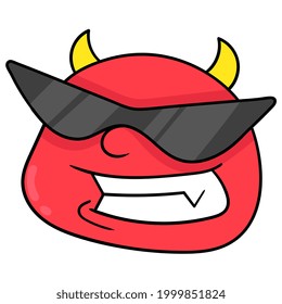 cool stylish horned red devil head wearing sunglasses, vector illustration carton emoticon. doodle icon drawing