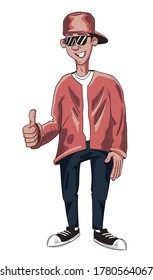 Cool stylish male teen in red cap and jacket showing thumb up.