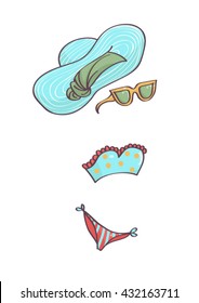 Cool and stylish summer accessories collection with bandeau swimsuit, head scarf, hat and sunglasses. Cool and stylish beach fashion.