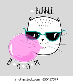 Cool stylish white cat in glasses blows a big pink bubble of chewing gum. vector isolated illustration for t-shirts, phone case, mugs, baby shower,wall art.  text "bubble boom"
