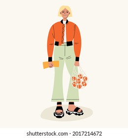 Cool stylish young Girl shopping fruits with eco bag. Isolated on beige background. Hand drawn colored trendy Vector illustration. Fashion. Eco concept