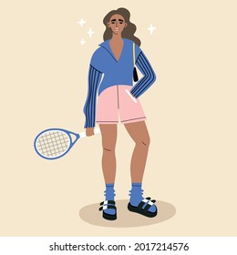 Cool stylish young Girl with a tennis racquet. Isolated on beige background. Hand drawn colored trendy Vector illustration. Fashion. Sport concept