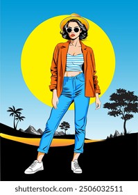 Ilustración vectorial de moda suburbana fresca de la mujer.