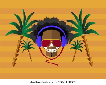 Cool summer background with skull icon head and headphones