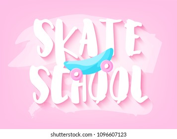 Cool summer banner with skateboard and text on pink pastel background. Flat design. Vector card.