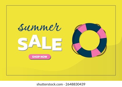 cool summer banner sos throws on a yellow background with a lifebuoy