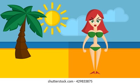 Cool summer beach girl vector character flat illustration. Sexy woman in bandeau swim suit. Flat vector character illustration.