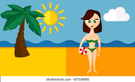 Cool summer beach girl vector character flat illustration. Sexy woman in bandeau swim suit. Flat vector character illustration.