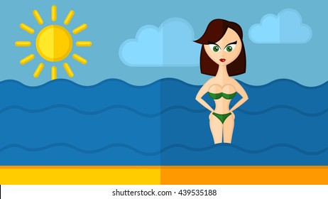 Cool summer beach girl vector character flat illustration. Sexy woman in bandeau swim suit. Flat vector character illustration.