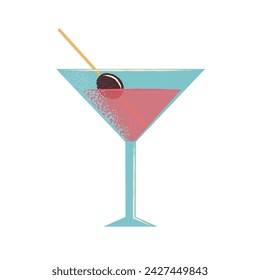 A cool summer cocktail with a straw and an olive. An alcoholic drink in a glass. Symbol of parties and festivals. Flat vector illustration isolated on white background.