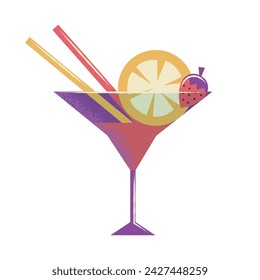 Cool summer cocktail with strawberries and fruit. Alcoholic sweet drink. Symbol of parties and festivals. Flat vector illustration isolated on white background.